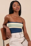 Lulus Sunny Signs Navy Striped Ribbed Knit Strapless Top In Navy