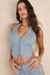 Lulus Sunny Theme Blue Striped Cotton Vest Halter Top In Blue