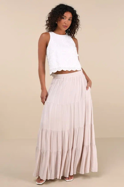 Lulus Sunset By The Sea Light Beige Embroidered Tiered Maxi Skirt