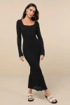 Lulus Sunset Moments Black Crochet Long Sleeve Trumpet Midi Dress In Black
