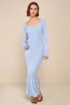 Lulus Sunset Moments Light Blue Crochet Long Sleeve Trumpet Midi Dress In Light Blue