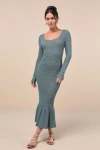 Lulus Sunset Moments Sage Crochet Long Sleeve Trumpet Midi Dress In Green