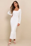 Lulus Sunset Moments White Crochet Long Sleeve Trumpet Midi Dress In White