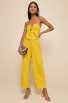 Lulus Sunshine Aura Mustard Yellow Tie-front Strapless Jumpsuit In Mustard Yellow