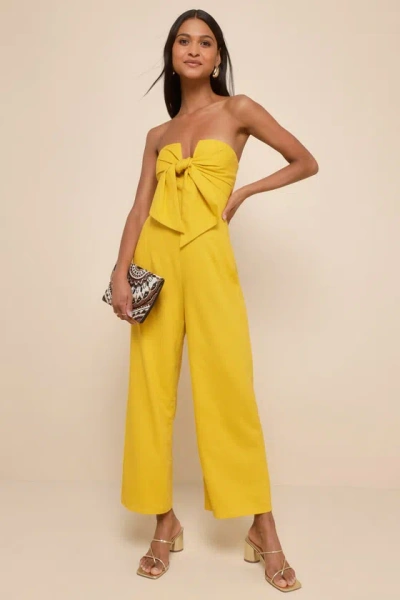 Lulus Sunshine Aura Mustard Yellow Tie-front Strapless Jumpsuit