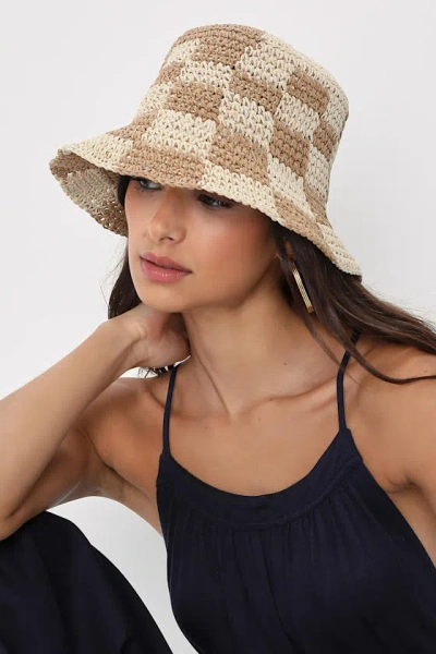 Lulus Sunshine Check Beige And Tan Checkered Straw Bucket Hat In Brown