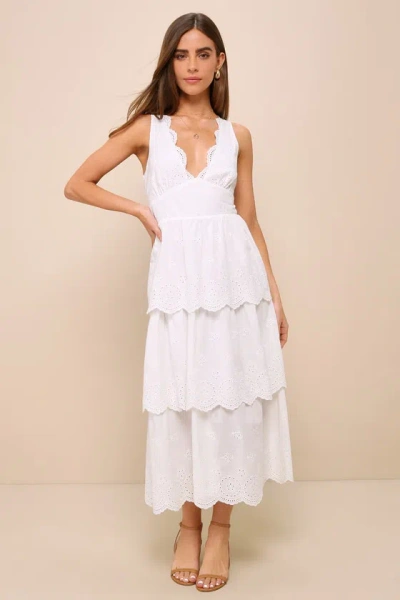 Lulus Sunshine Selection White Eyelet Embroidered Tiered Midi Dress