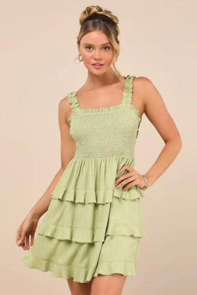 Lulus Super Sweet Lime Green Smocked Ruffled Tie-back Mini Dress