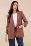 Lulus Superior Aesthetic Brown Three-quarter Sleeve Ruched Blazer In Brown