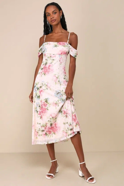 Lulus Sure To Adore Blush Pink Floral Mesh Cold-shoulder Midi Dress