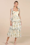 Lulus Svea Light Yellow Floral Tiered Tie-strap Midi Dress In Multi