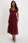 Lulus Sweet Amor Burgundy Tulle Swiss Dot Tiered Bustier Midi Dress In Burgundy
