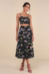 Lulus Sweet At Heart Black Floral Embroidered Two-piece Midi Dress In Black