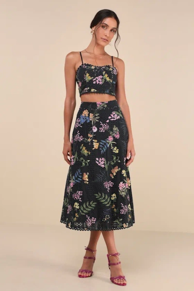 Lulus Sweet At Heart Black Floral Embroidered Two-piece Midi Dress