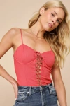 LULUS SWEET BEHAVIOR RUSTY ROSE LINEN LACE-UP BUSTIER BODYSUIT