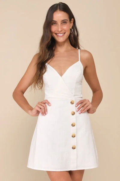 Lulus Sweet Breeze Ivory Surplice Button-front Mini Dress