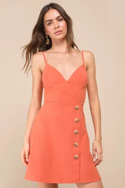Lulus Sweet Breeze Orange Surplice Button-front Mini Dress