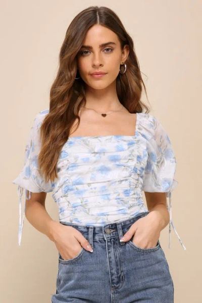 Lulus Sweet Choice Ivory Floral Burnout Ruched Puff Sleeve Bodysuit