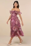 Lulus Sweet Composure Plum Floral Organza Off-the-shoulder Midi Dress In Purple