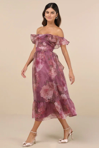 Lulus Sweet Composure Plum Floral Organza Off-the-shoulder Midi Dress In Purple