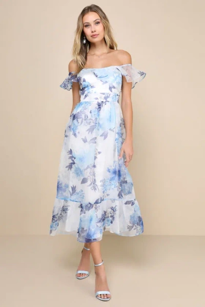 Lulus Sweet Composure White Floral Organza Off-the-shoulder Midi Dress
