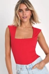 Lulus Sweet Crush Red Ribbed Square Neck Bodysuit In Red