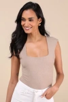 Lulus Sweet Crush Taupe Ribbed Square Neck Bodysuit In Taupe