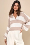 Lulus Sweet Cuddles Light Brown And Ivory Striped Collared Sweater In Light Brown