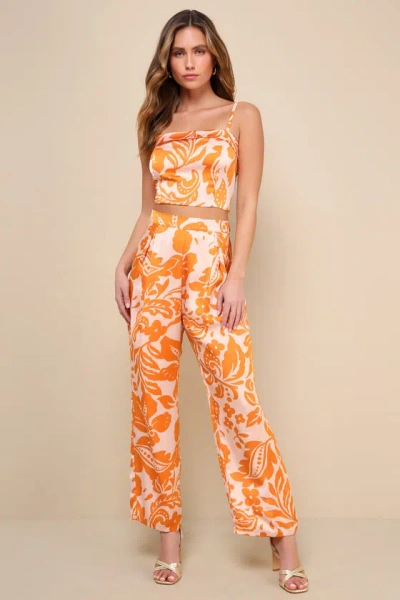 Lulus Sweet Cutie Orange And Blush Floral High-rise Pants