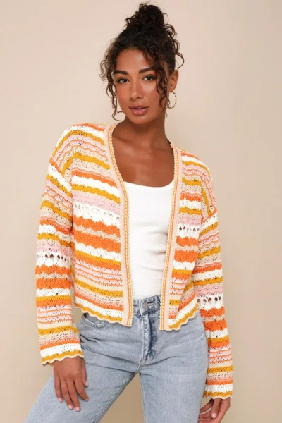 Lulus Sweet Daylight Orange Striped Crochet Cardigan Sweater