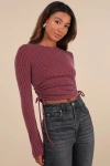 Lulus Sweet Ease Berry Red Textured Ribbed Ruched Long Sleeve Top In Berry Red