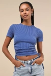 Lulus Sweet Ease Blue Textured Ribbed Ruched Short Sleeve Top In Blue