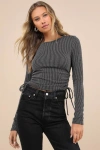 Lulus Sweet Ease Charcoal Textured Ribbed Ruched Long Sleeve Top In Grey