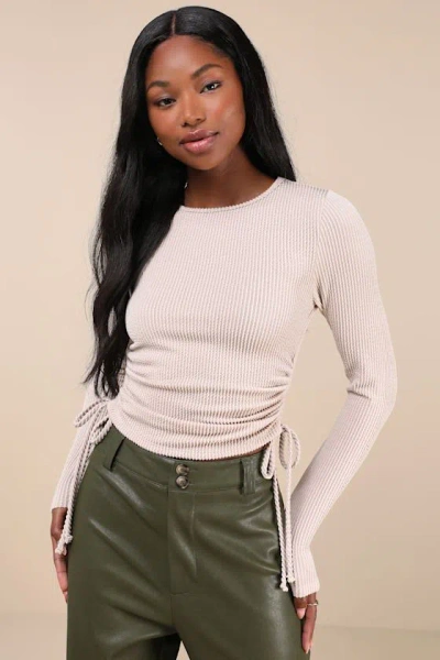 Lulus Sweet Ease Cream Textured Ribbed Ruched Long Sleeve Top In White