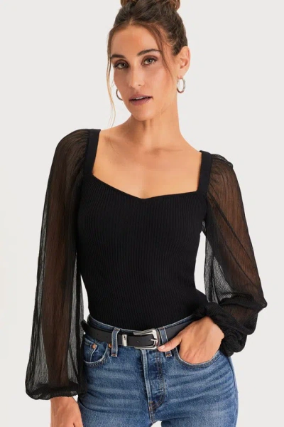 Lulus Sweet Edge Black Ribbed Knit Mesh Balloon Sleeve Top