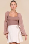 Lulus Sweet Edge Mauve Ribbed Mesh Balloon Sleeve Sweater Top In Mauve