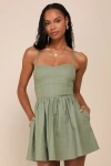 Lulus Sweet Existence Olive Green Linen Lace-up Skort Romper In Olive Green