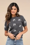 Lulus Sweet Fave Dark Grey Embroidered Short Sleeve Sweater Top In Dark Grey