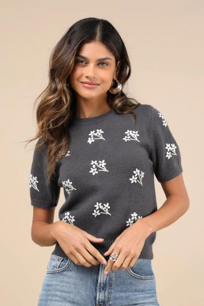 Lulus Sweet Fave Dark Grey Embroidered Short Sleeve Sweater Top