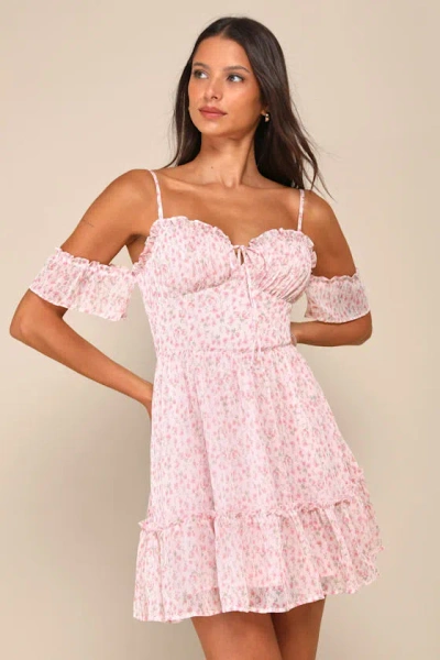 Lulus Sweet Feeling Light Pink Floral Cold Shoulder Bustier Mini Dress