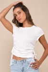 Lulus Sweet Forever Ivory Burnout Ruched Short Sleeve Tee In Ivory