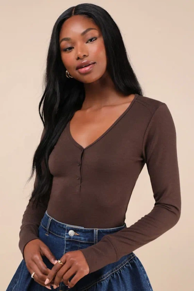 Lulus Sweet Guarantee Brown Long Sleeve Henley Top