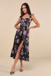 Lulus Sweet Like Sangria Black Floral Ruffled Bustier Midi Dress In Black