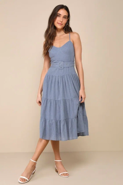 Lulus Sweet Merriment Slate Blue Swiss Dot Bustier Tiered Midi Dress