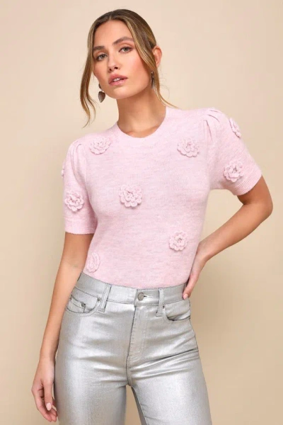 Lulus Sweet Mindset Pink Space Dye 3d Floral Short Sleeve Sweater Top