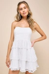 LULUS SWEET PERCEPTION WHITE LACE STRAPLESS TIERED MINI DRESS