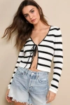 LULUS SWEET PERSUASION IVORY STRIPED POINTELLE TIE-FRONT SWEATER TOP