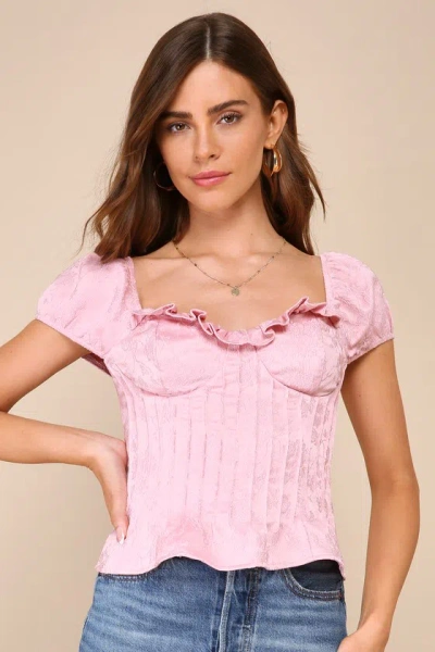 Lulus Sweet Poise Light Pink Floral Jacquard Lace-up Puff Sleeve Top