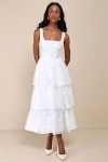 Lulus Sweet Potential White Floral Burnout Bustier Tiered Midi Dress In White