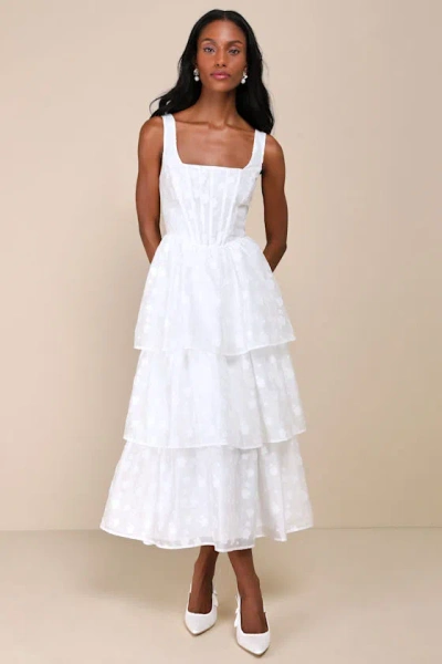 Lulus Sweet Potential White Floral Burnout Bustier Tiered Midi Dress
